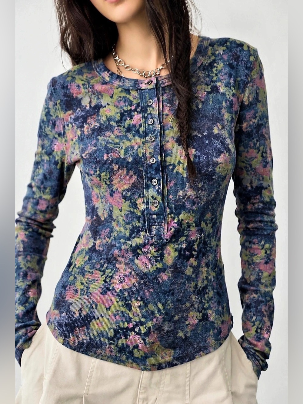 We The Free long sleeve henley top Floral Henley Top in Blue & Pink Size M NWT